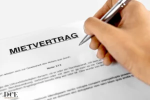 Ein Blatt Papier mit einer Hand im Vordergrund, die einen Mietvertrag beschreibt.