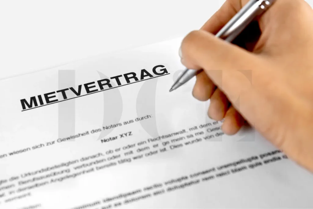 Hand die auf einem Mietvertrag etwas mit einem Stift schreibt.